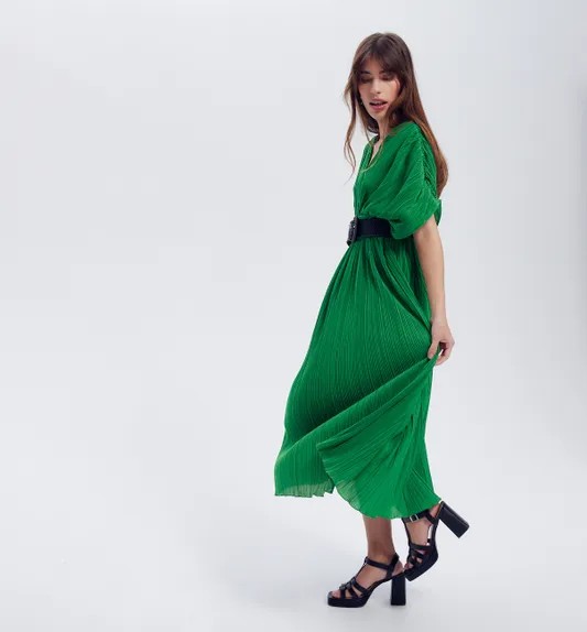 Robe mi-longue plissée Femme - Vert foncé